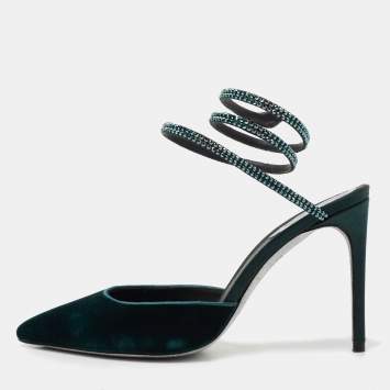 Pre Owned Rene Caovilla Dark Green Velvet Cleo Crystal Embellished Ankle Wrap Pumps Size 37