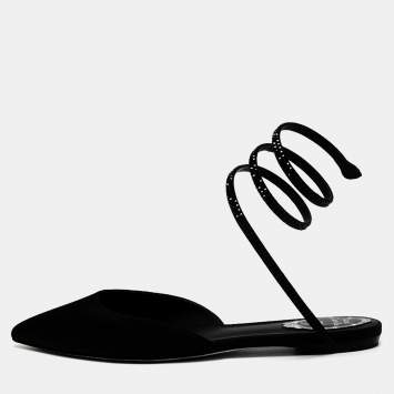 Pre Owned Rene Caovilla Black Satin Embellished Ankle Wrap Flat Mules Size 38