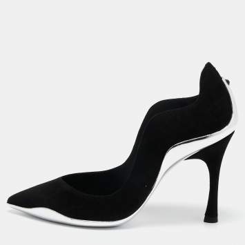 Pre Owned René Caovilla Black/Silver Suede and Leather Decollete Pumps Size 36