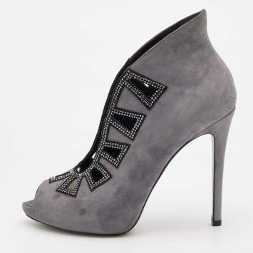 Pre Owned René Caovilla Grey/Black Suede Crystal Embellished Peep Toe Pumps Size 37