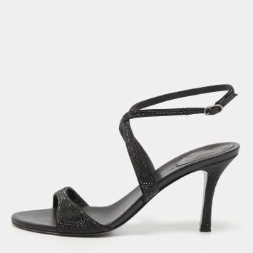 Pre Owned René Caovilla Black Satin Crystal Embellished Ankle Strap Sandals Size 40