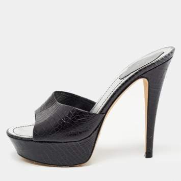 Pre Owned Rene Caovilla Black Croc Embossed Leather Platform Sandals Size 38