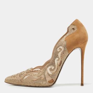 Pre Owned René Caovilla Light Brown Suede and Mesh Embellished Pumps Size 39.5