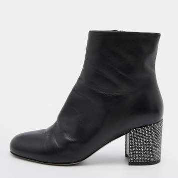 Pre Owned René Caovilla Black Leather Ankle Length Boots Size 37.5