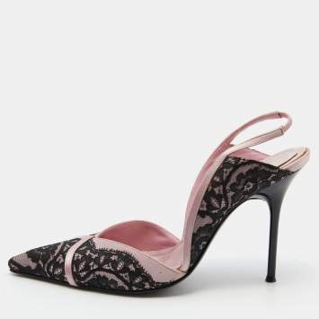 Pre Owned René Caovilla Black/Pink Lace and Satin Pointed Toe Slingback Pumps Size 37