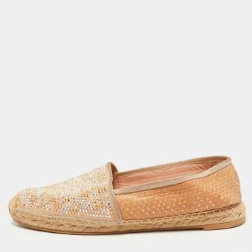 Pre Owned René Caovilla Beige Python and Crystal Embellished Satin Espadrille Flats Size 40