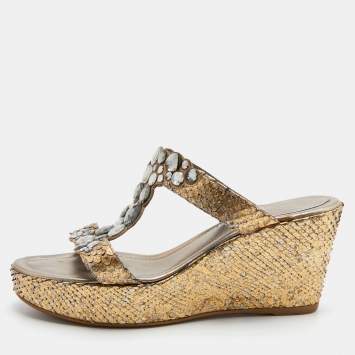 Pre Owned René Caovilla Gold Snakeskin Crystal Embellished Wedge Sandals Size 39