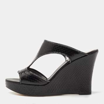 Pre Owned René Caovilla Black Python Crystal Embellished Wedge Sandals Size 41