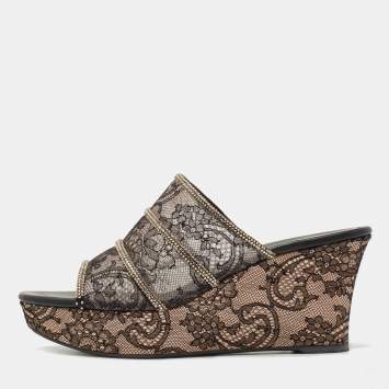 Pre Owned René Caovilla Black Lace Crystal Embellished Wedge Sandals Size 41