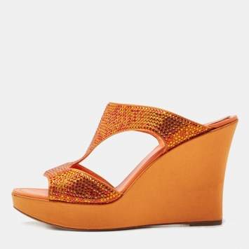 Pre Owned René Caovilla Orange Satin Crystal Embellished Wedge Slides Size 41