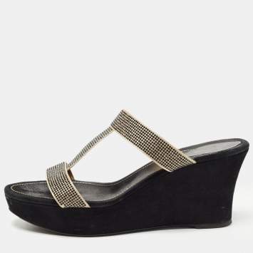 Pre Owned René Caovilla Gold/Black Crystal Embellished Satin Platform Wedge Slide Sandals Size 41