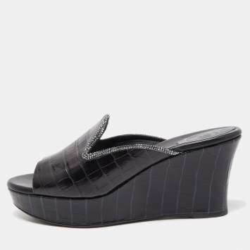 Pre Owned René Caovilla Black Croc Embossed Leather Crystal Embellished Platform Wedge Slide Sandals Size 40