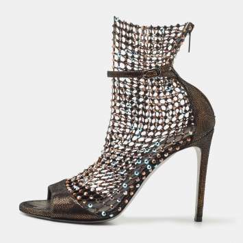 Pre Owned René Caovilla Brown Leather and Lace Galaxia jewelled Ankle Strap Sandals Size 38.5