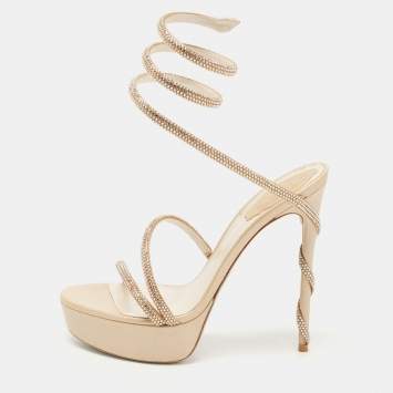 Pre Owned René Caovilla Beige Crystal Embellished Satin Margot platform Ankle Wrap Sandals Size 38