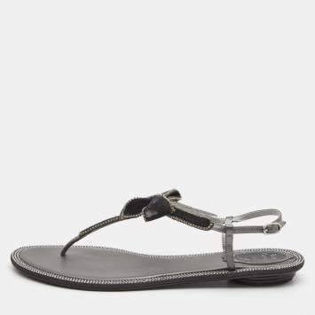 Pre Owned René Caovilla Grey Satin Crystal Embellished Slingback Flats Size 39