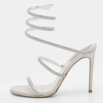 Pre Owned René Caovilla Silver Crystal Embellished Satin Cleo Ankle Wrap Sandals Size 37.5