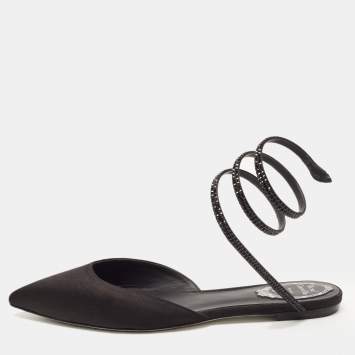 Pre Owned René Caovilla Black Satin Ankle Wrap Flat Mule Sandals Size 38