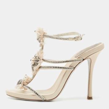 Pre Owned René Caovilla Beige Satin and Crystal Floral T-strap Ankle Cuff Sandals Size 38.5