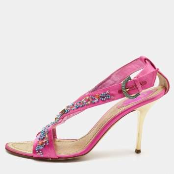 Pre Owned René Caovilla Pink Satin Embellished Criss Cross Ankle Strap Sandals Size 38.5