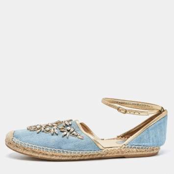 Pre Owned René Caovilla Blue Denim and Leather Trim Crystal Embellished Ankle Wrap Espadrille Flats Size 41