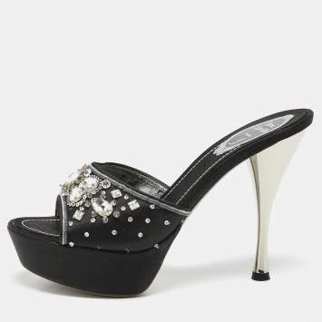Pre Owned René Caovilla Black Satin Embellished Slide Sandals Size 37.5