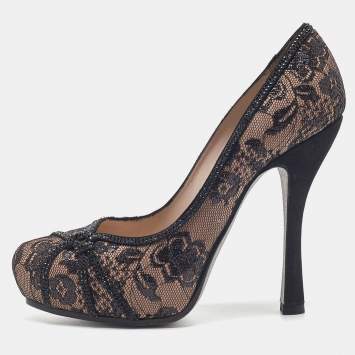 Pre Owned René Caovilla Black/Pink Lace and Leather Crystal Embellished Pumps Size 37