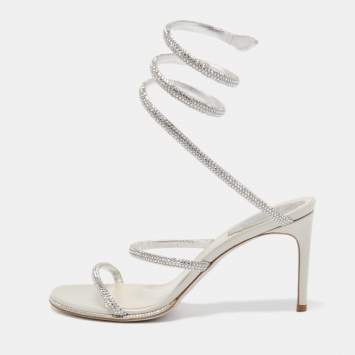 Pre Owned Rene Caovilla Silver Crystal Embellished Satin Cleo Sandals Size 37