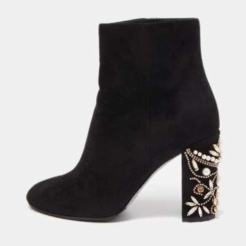 Pre Owned René Caovilla Black Suede Crystal Embellished Block Heel Ankle Booties Size 36.5