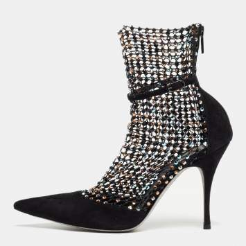 Pre Owned Rene Caovilla Black Suede And Mesh Crystal Embellished Galaxia Pointed Toe Ankle Strap Booties Size 39