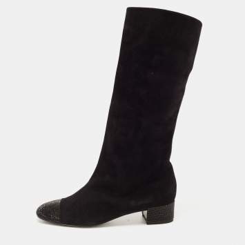 Pre Owned Rene Caovilla Black Suede Crystal Embellished Mid Calf Boots Size 37