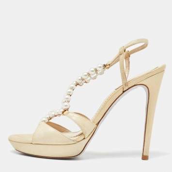 Pre Owned Rene Caovilla Beige Canvas Pearl T Strap Sandals Size 37