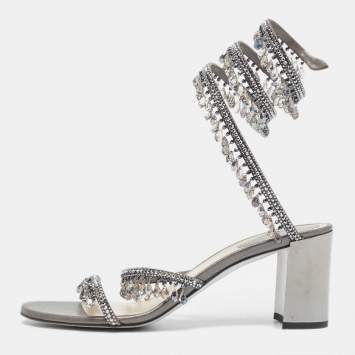 Pre Owned Rene Caovilla Metallic Grey Leather Cleo Chandelier Ankle Wrap Sandals Size 39