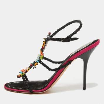 Pre Owned René Caovilla Black Satin Embellished Slingback Sandals Size 39