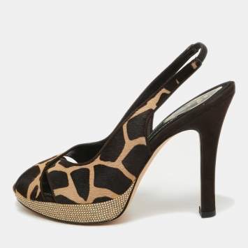 Pre Owned René Caovilla Brown Calf Hair Embellished Slingback Sandals Size 40