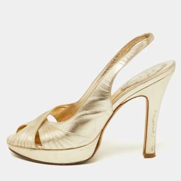 Pre Owned René Caovilla Gold Pleated Leather Cross Strap Slingback Sandals Size 39