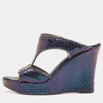 Pre Owned René Caovilla Metallic Python Crystal Embellished Wedge Sandals Size 37