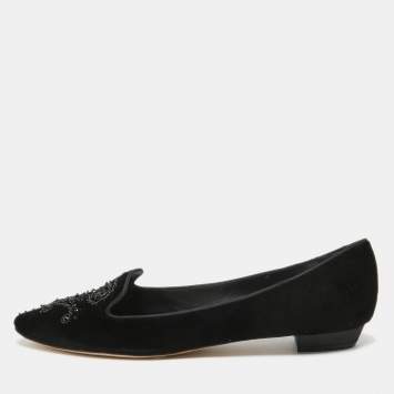Pre Owned René Caovilla Black Velvet Crystal Embellished Slip On Smoking Slippers Size 41