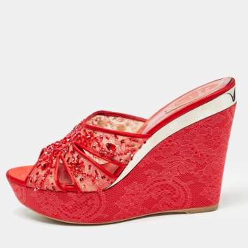 Pre Owned René Caovilla Red Satin and Crystal Embellished Mesh Wedge Platform Sandals Size 40
