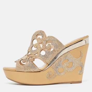 Pre Owned René Caovilla Gold/Beige Leather Lasercut Crystals Wedge Sandals Size 40