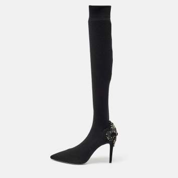 Pre Owned René Caovilla Black Knit Fabric Embellished Sock Boots Size 41