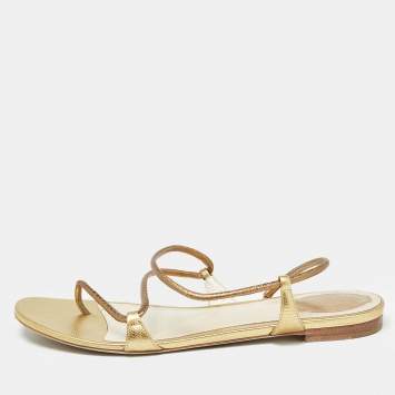 Pre Owned René Caovilla Gold Leather Ankle Wrap Flat Sandals Size 41