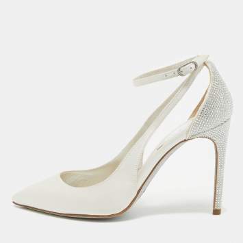 Pre Owned René Caovilla White Satin Crystal Embellished Slingback Ankle Strap Pumps Size 34.5 