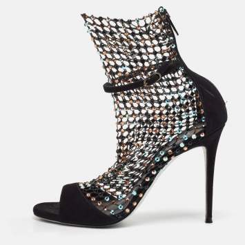 Pre Owned Rene Caovilla Black Suede and Mesh Crystal Embellished Galaxia Sandals Size 38