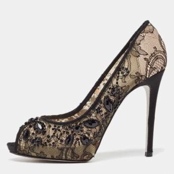 Pre Owned René Caovilla Black/Beige Lace and Mesh Peep Toe Pumps Size 37.5
