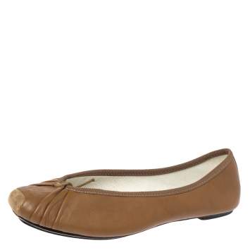 Pre Owned Repetto Brown Pleated Leather Bow Square Toe Ballet Flats Size 39