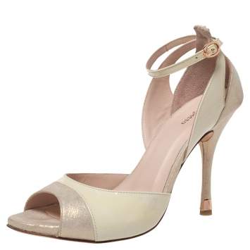 Pre Owned Repetto Cream/Off-White Patent And Nubuck Ankle Strap Peep Toe Pumps Size 40