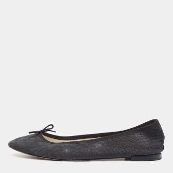 Pre Owned Repetto Black Croc Embossed Leather Bow Ballet Flats Size 42