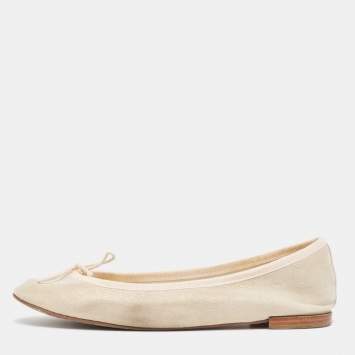 Pre Owned Repetto Cream Glitter Suede Bow Ballet Flats Size 38.5