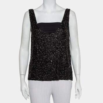 Pre Owned Retrofete Black Sequin & Bead Embellished Synthetic Tank Top L