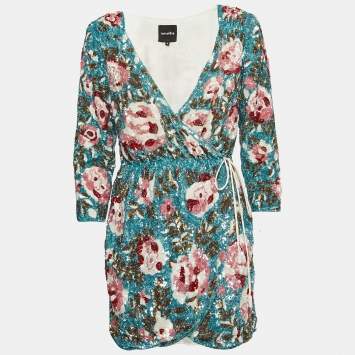 Pre Owned Retrofete Blue Floral Pattern Sequin Embellished Crepe Wrap Dress S